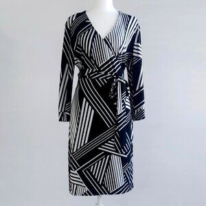 Covington Women's Classic 3/4 Sleeve V Neck Black/White Wrap Dress Size Small